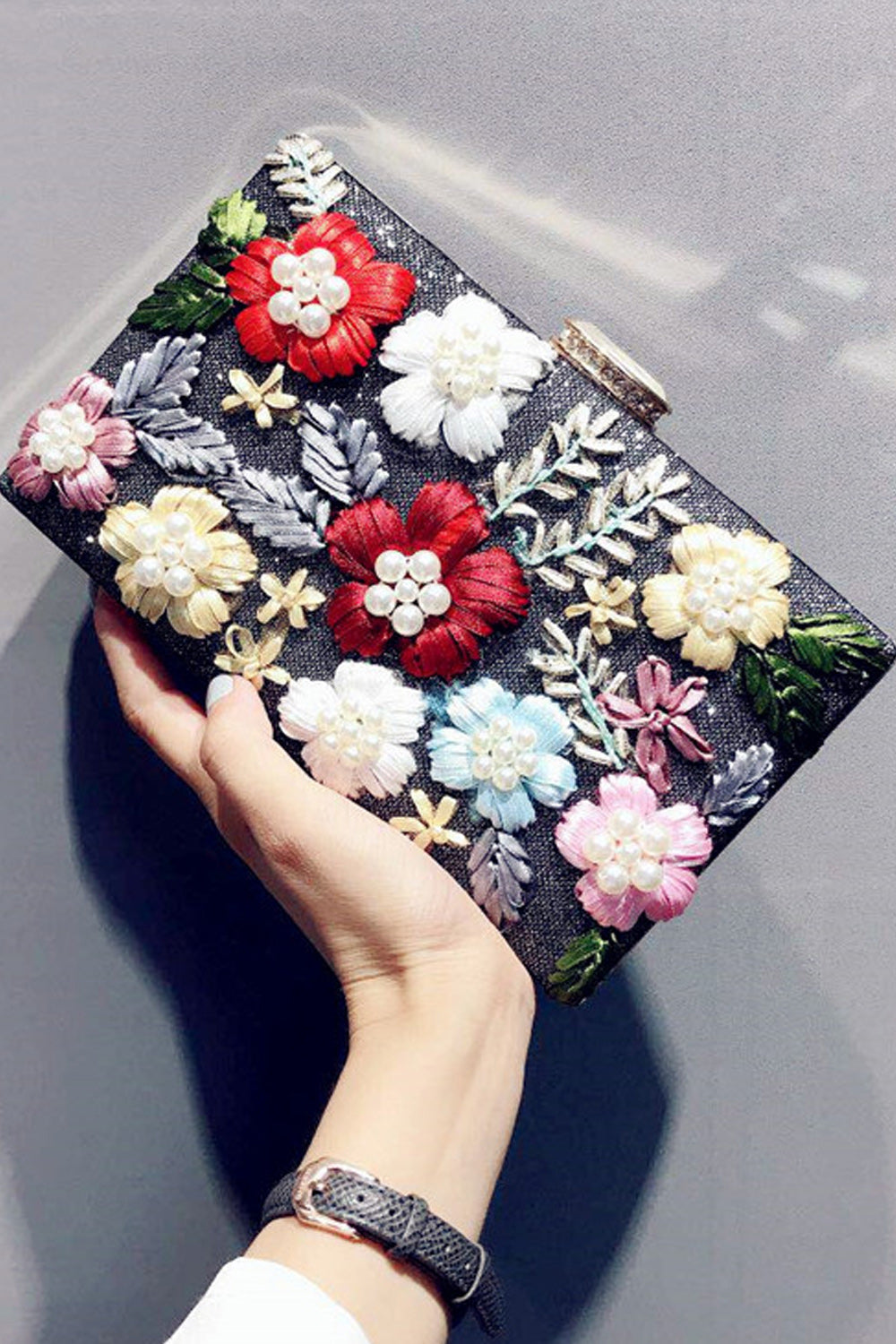 Women Flower Embroidered Small Square Clutch Bag
