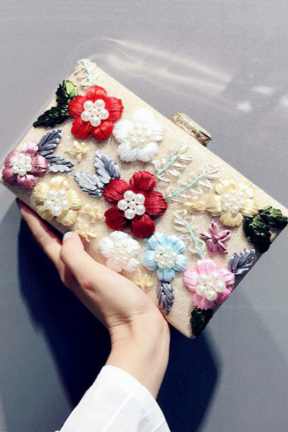 Women Flower Embroidered Small Square Clutch Bag