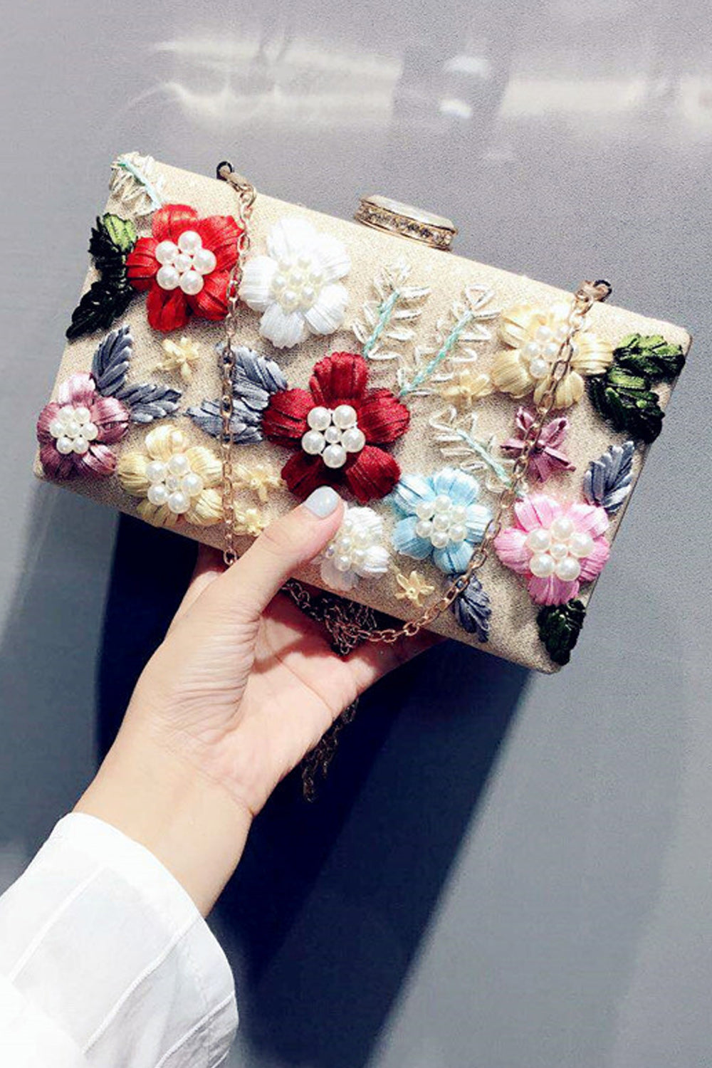 Women Flower Embroidered Small Square Clutch Bag
