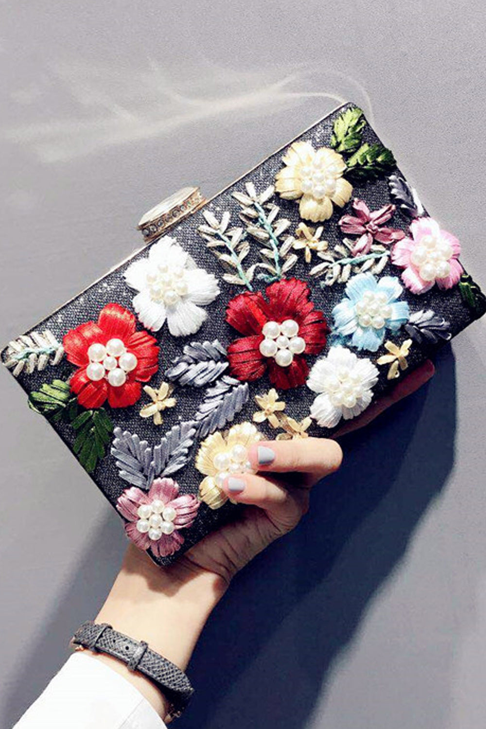 Women Flower Embroidered Small Square Clutch Bag
