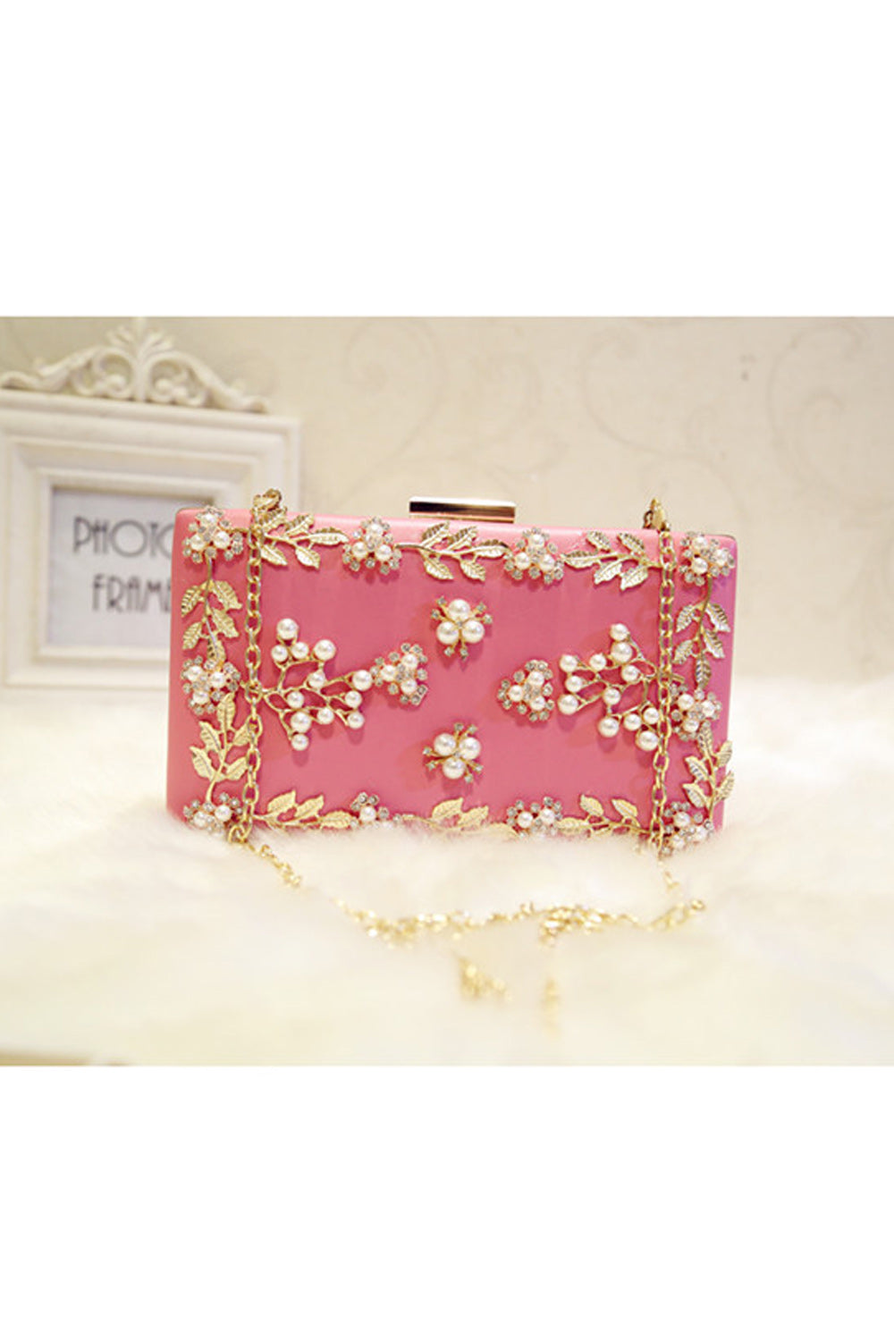 Women Leaf Pearls Decorated Chain Clutch Bag
