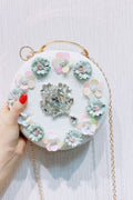 Women Fashion Flower Decorated Ring Holder Round Clutch Bag