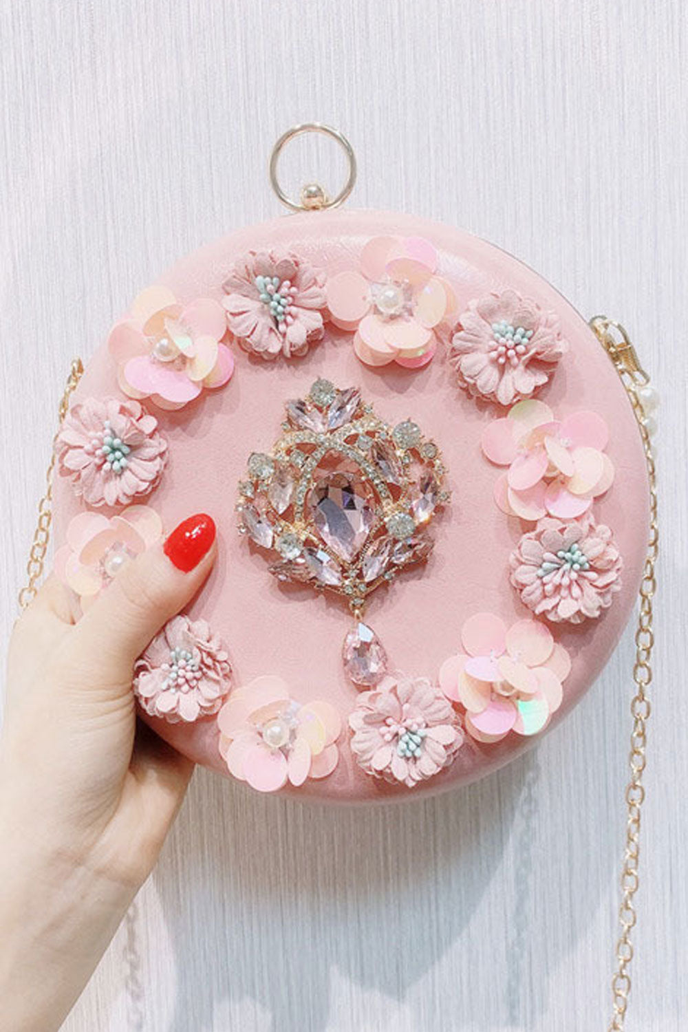 Women Fashion Flower Decorated Ring Holder Round Clutch Bag