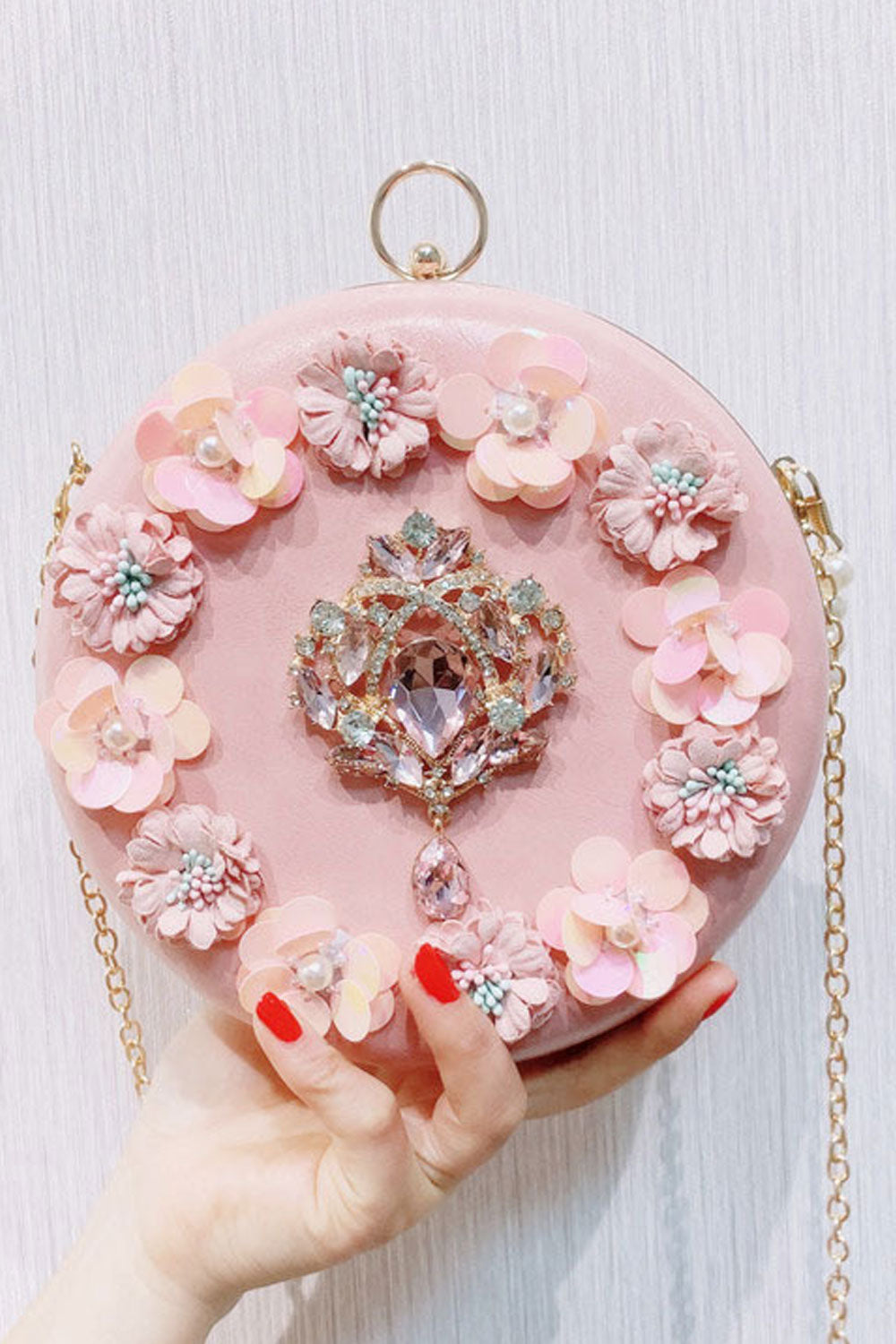 Women Fashion Flower Decorated Ring Holder Round Clutch Bag