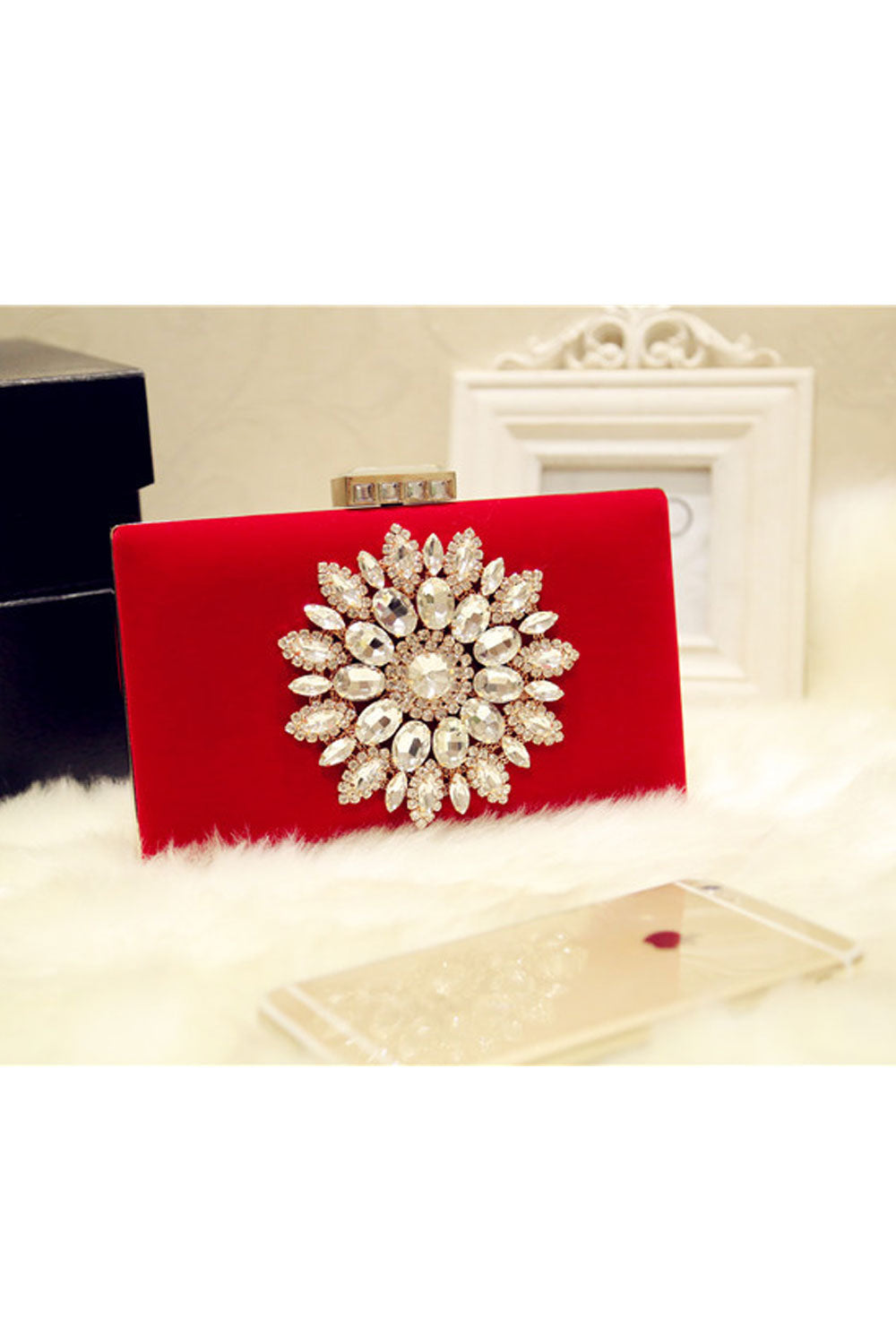 Women Rhinestone Decorated Evening Clutch Handbag