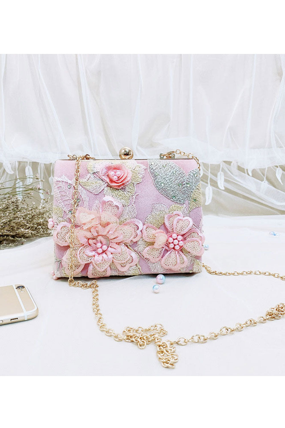 Women Flower Embroiderd Handle Party Clutch Bag