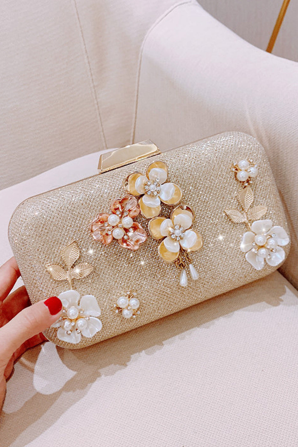 Women Fashion Shiny Base Pearl Decorated Evening Bag