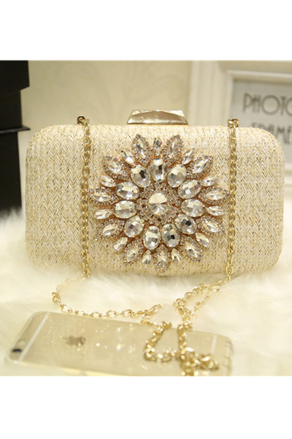 Women Rhinestone Decorated Hook Closure Evening Bag