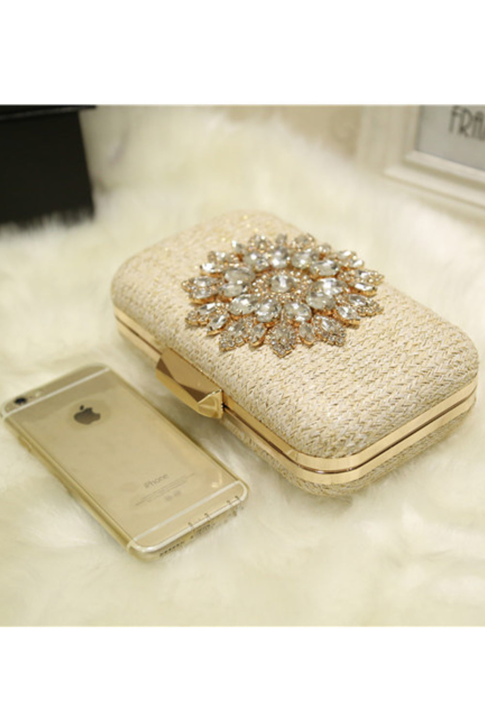 Women Rhinestone Decorated Hook Closure Evening Bag