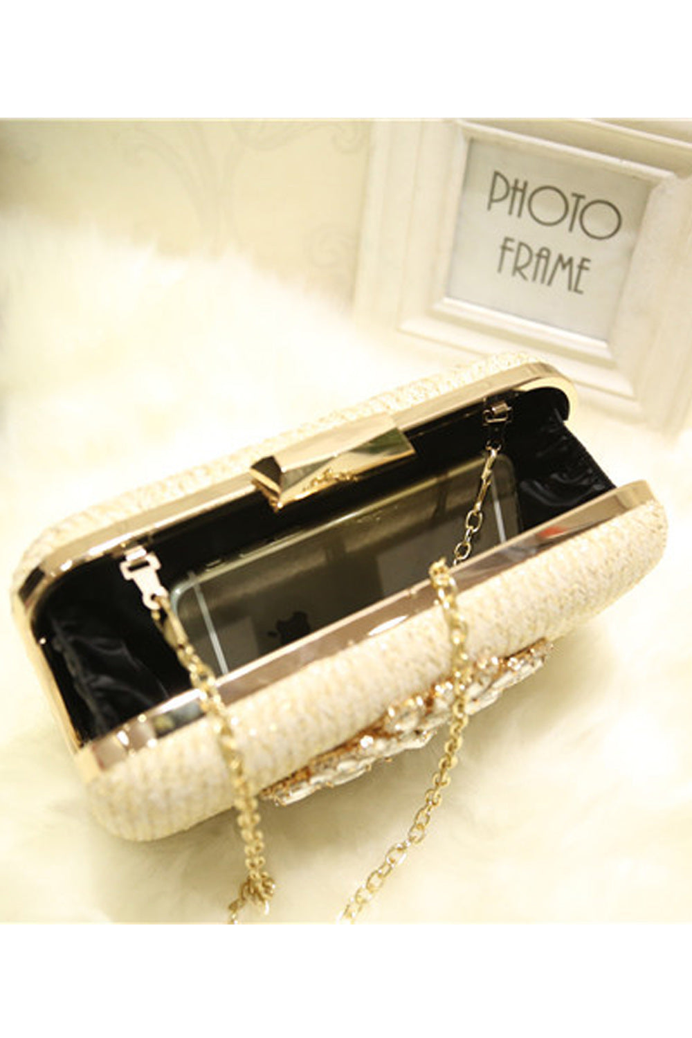 Women Rhinestone Decorated Hook Closure Evening Bag