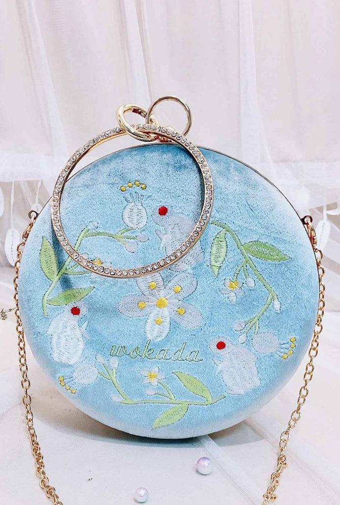 Women Soft Flower Embroidered Round Shaped Clutch