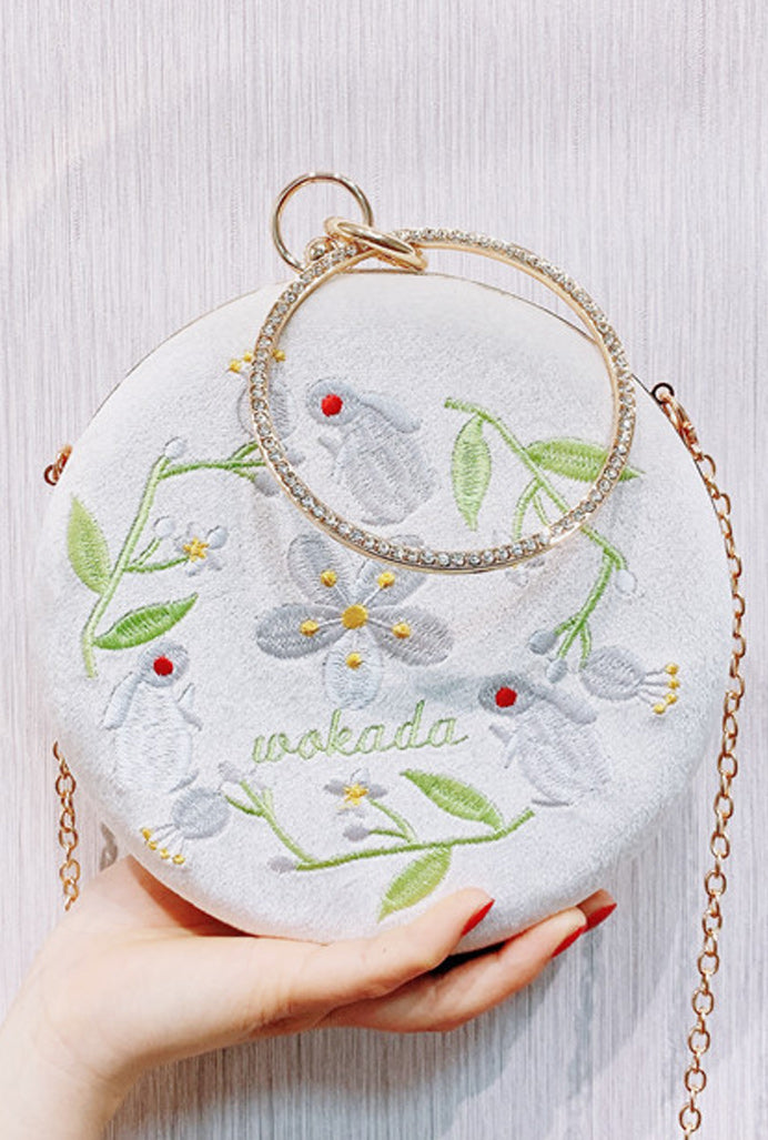 Women Soft Flower Embroidered Round Shaped Clutch