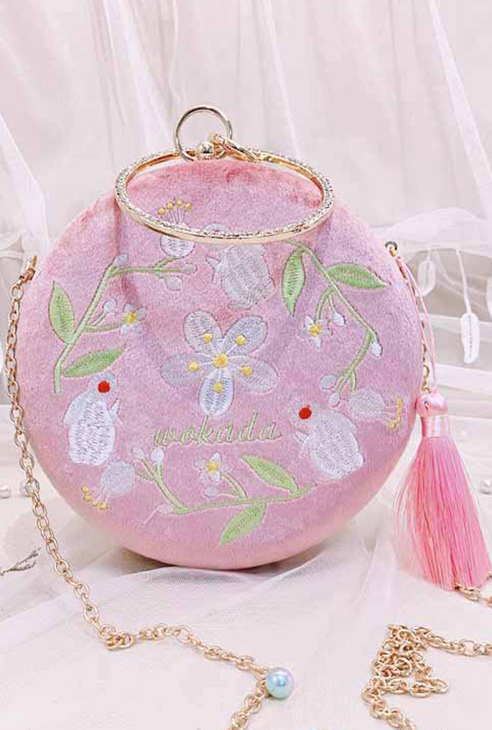 Women Soft Flower Embroidered Round Shaped Clutch