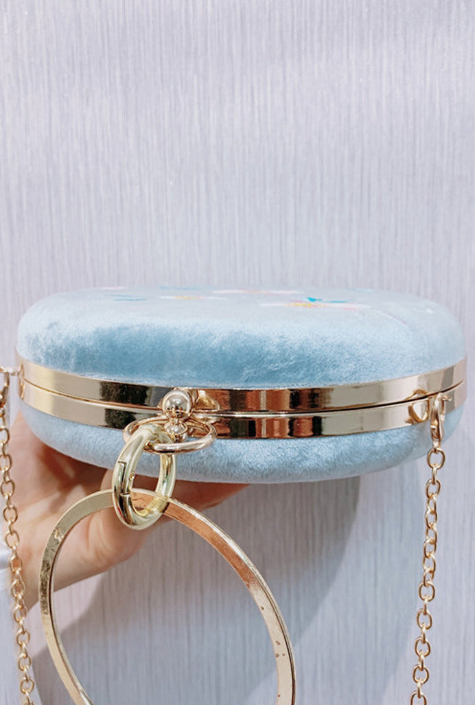 Women Soft Flower Embroidered Round Shaped Clutch