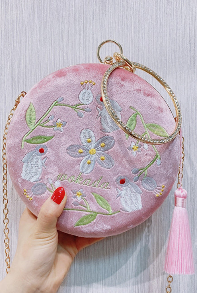 Women Soft Flower Embroidered Round Shaped Clutch