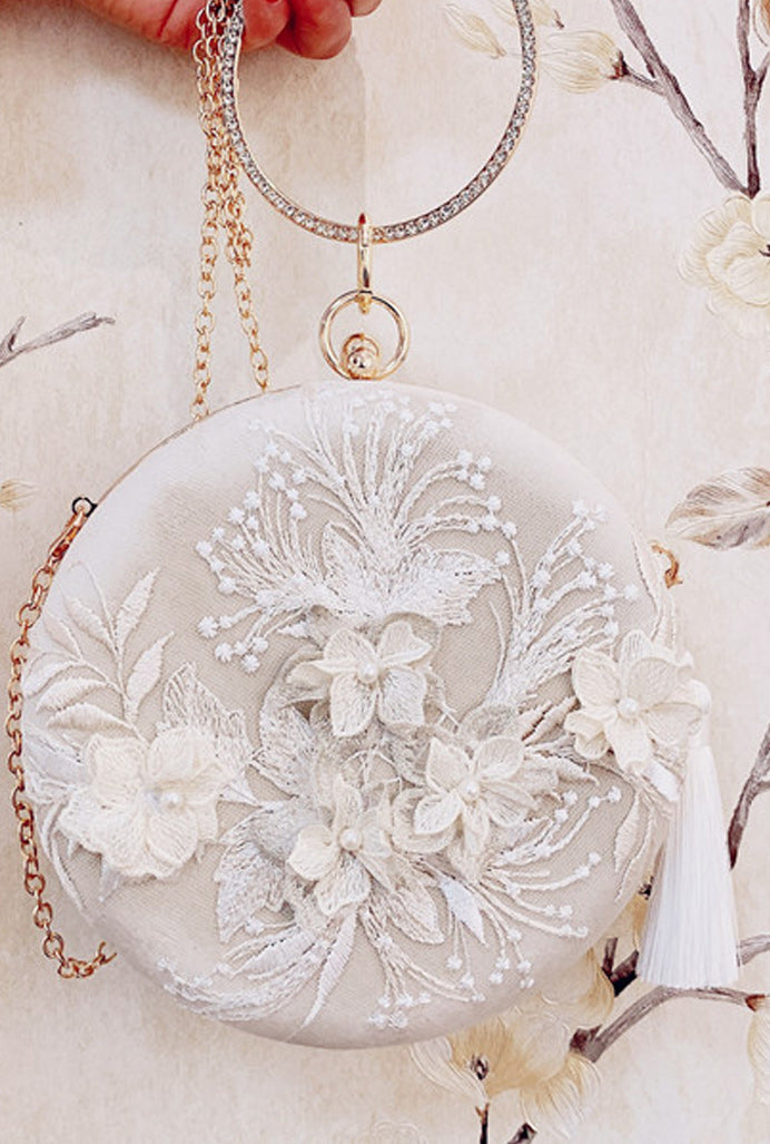 Women Flower Embroidered Tassel Round Clutch Bag