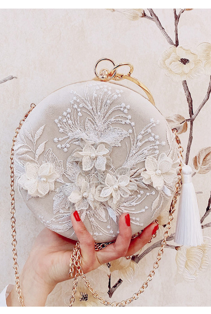 Women Flower Embroidered Tassel Round Clutch Bag