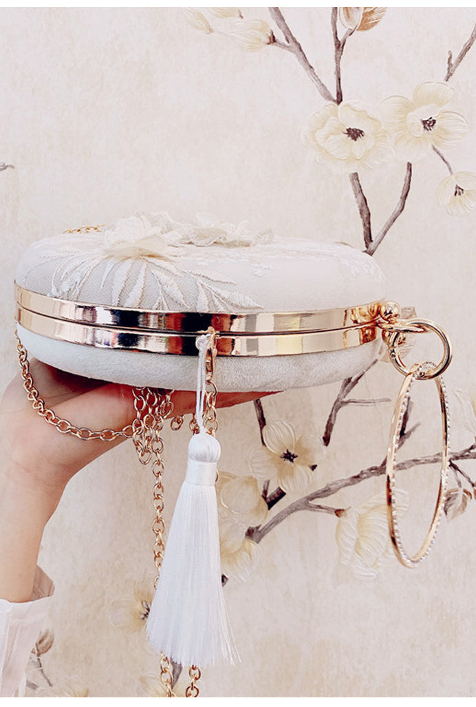 Women Flower Embroidered Tassel Round Clutch Bag