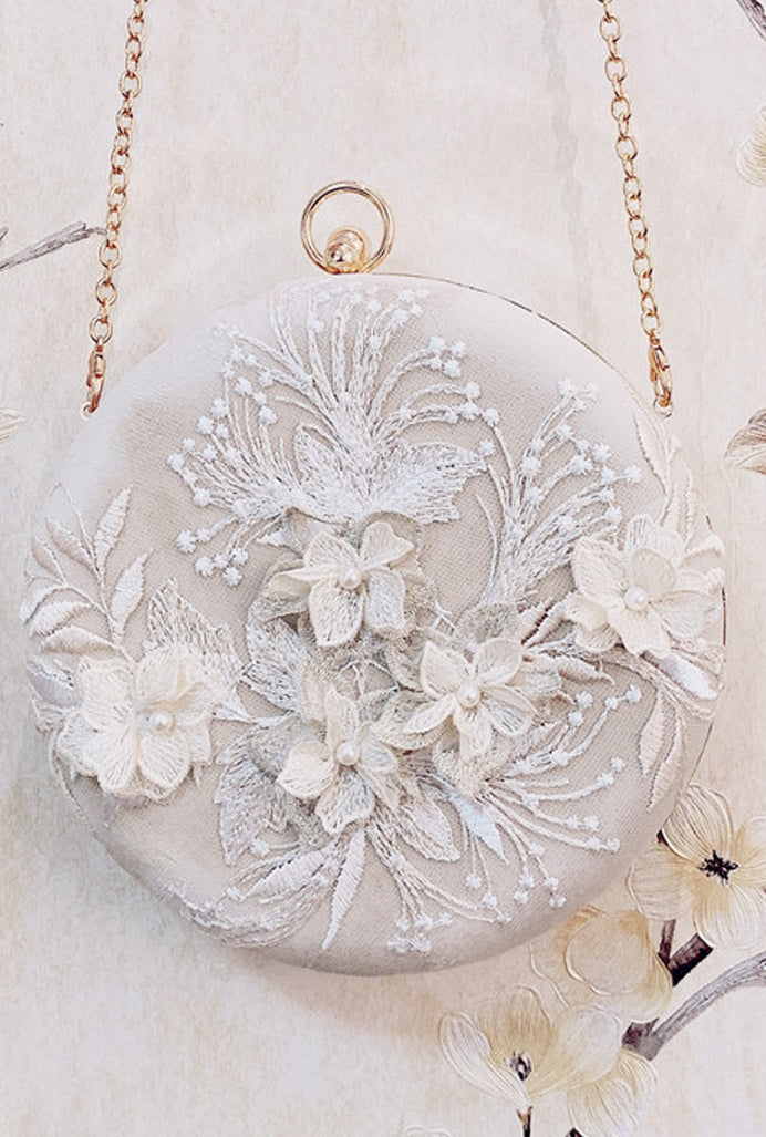 Women Flower Embroidered Tassel Round Clutch Bag