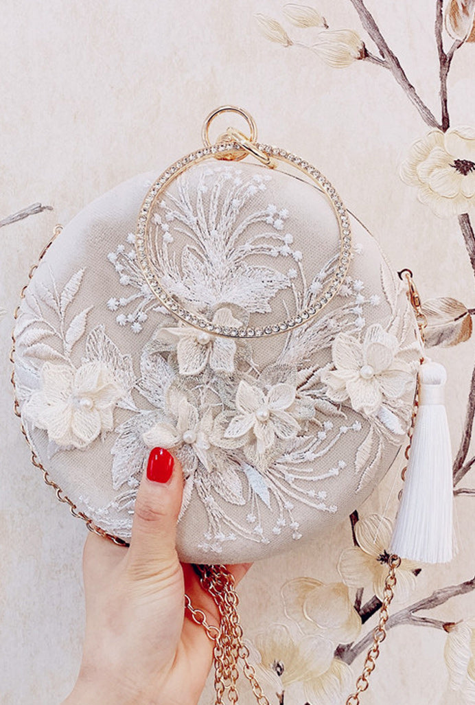 Women Flower Embroidered Tassel Round Clutch Bag