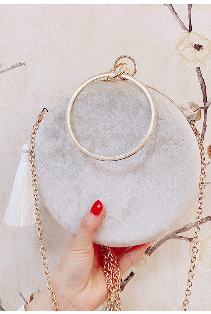 Women Flower Embroidered Tassel Round Clutch Bag