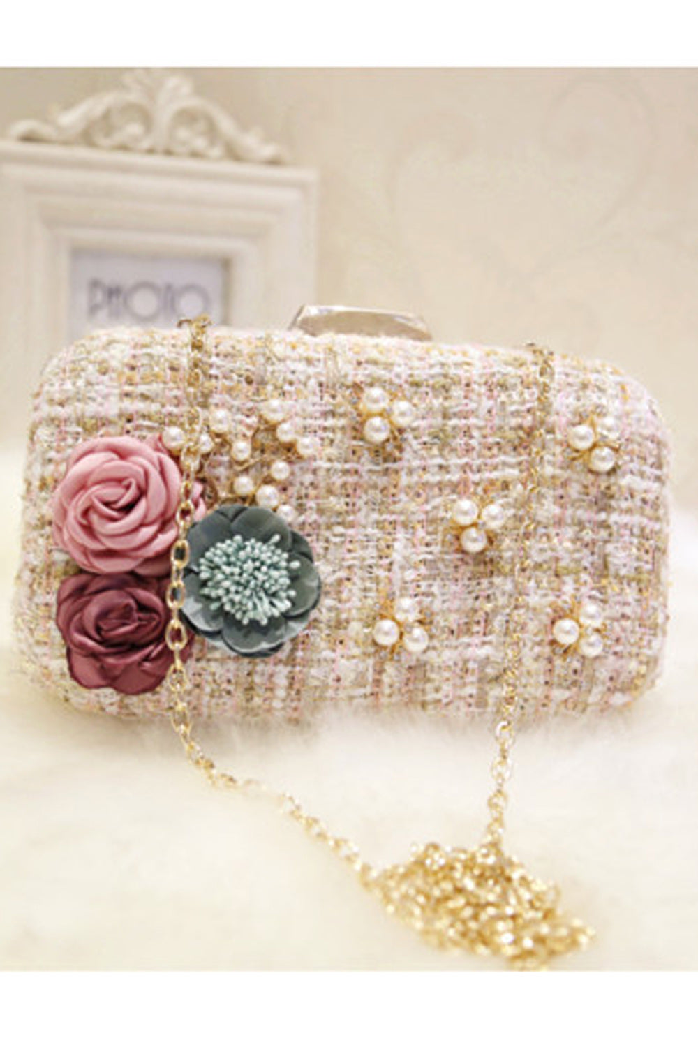 Women Flower Pearl Chain Stylish Part Clutch Bag