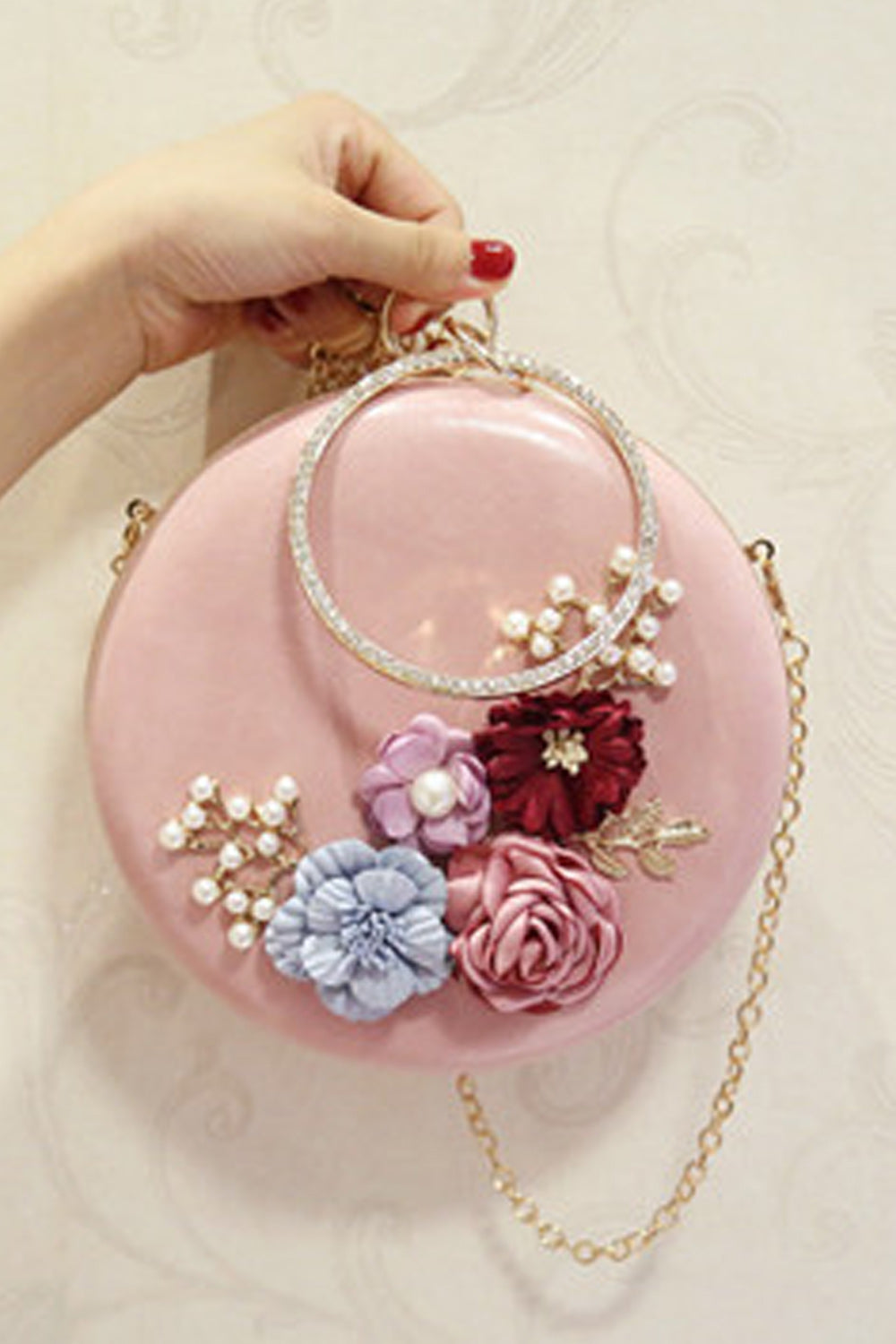 Women Solid Color Flower Decorated Round Clutch