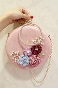 Women Solid Color Flower Decorated Round Clutch