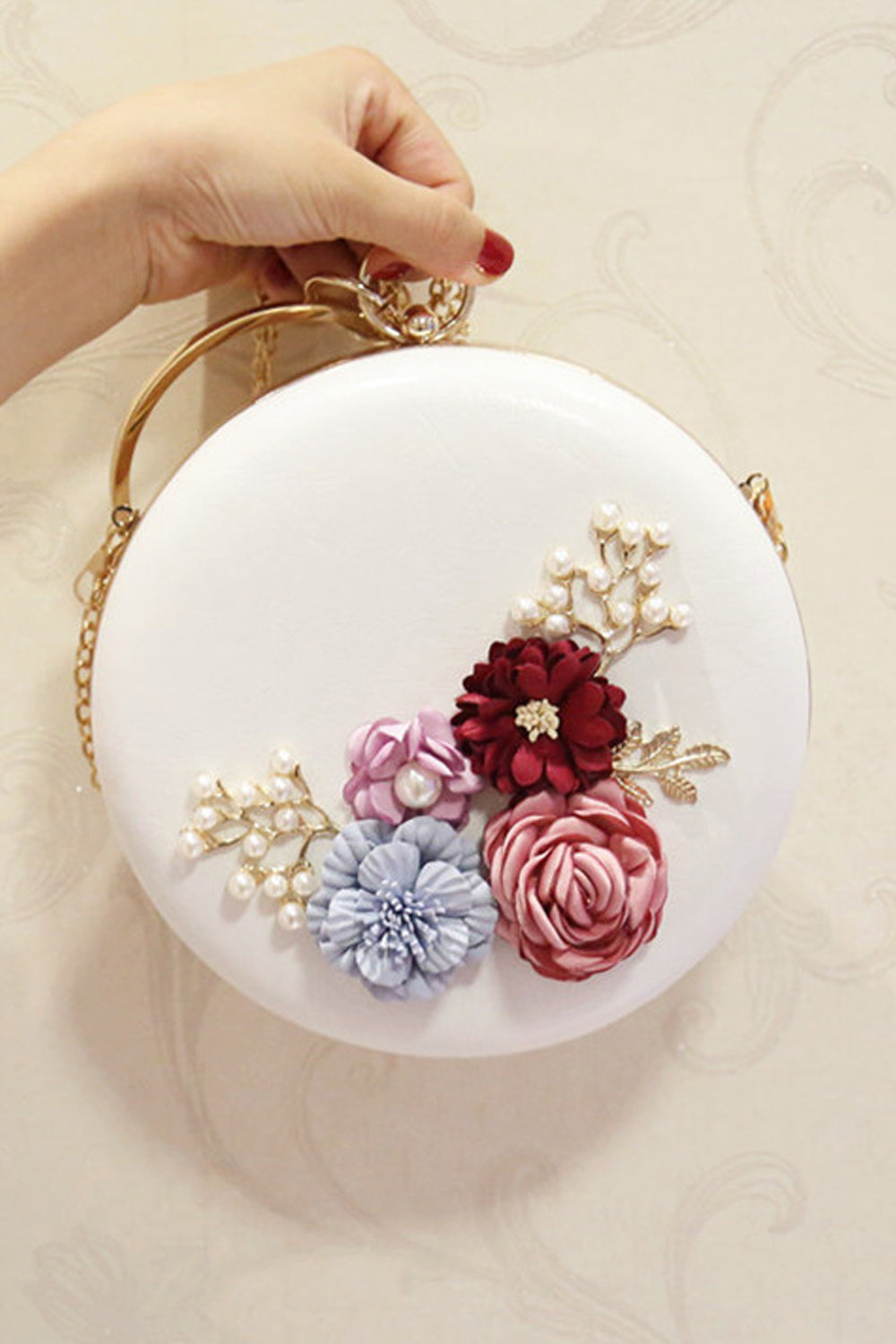 Women Solid Color Flower Decorated Round Clutch
