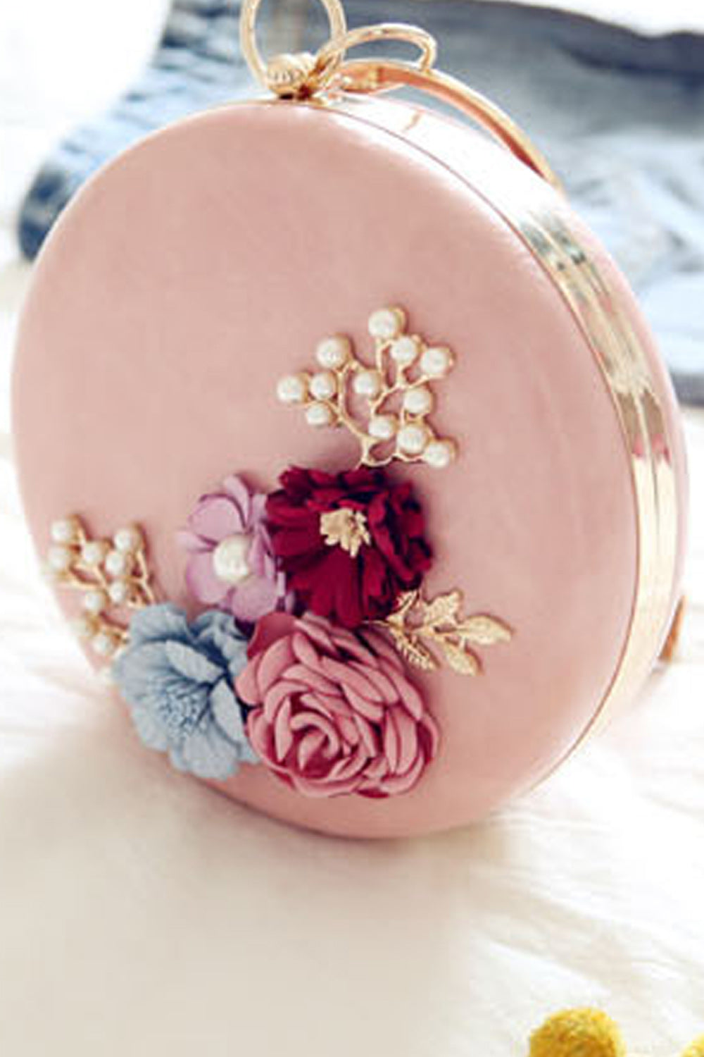 Women Solid Color Flower Decorated Round Clutch