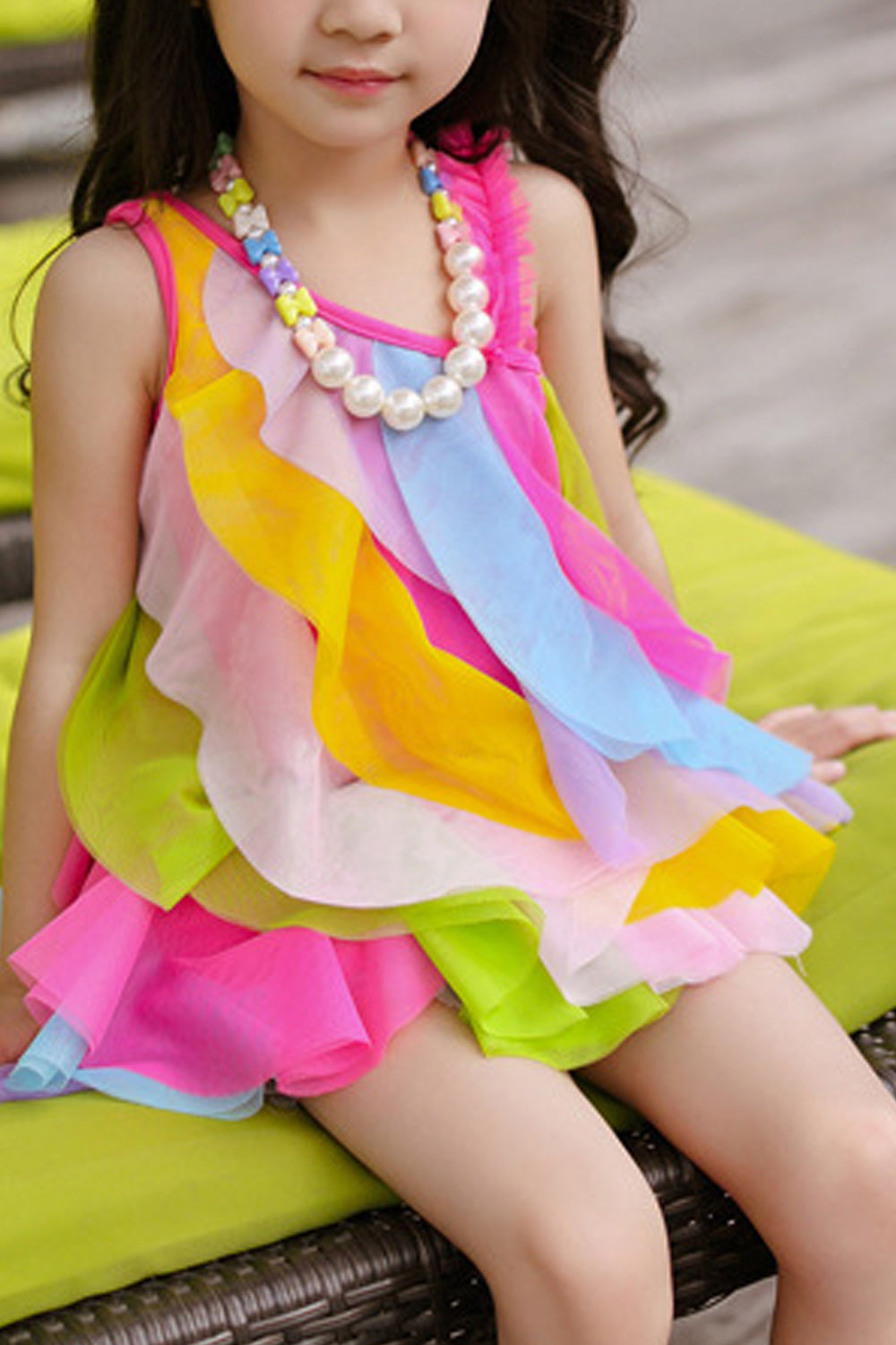 Kids Girls Elegant Multi Layers Sleeveless Rainbow Dress