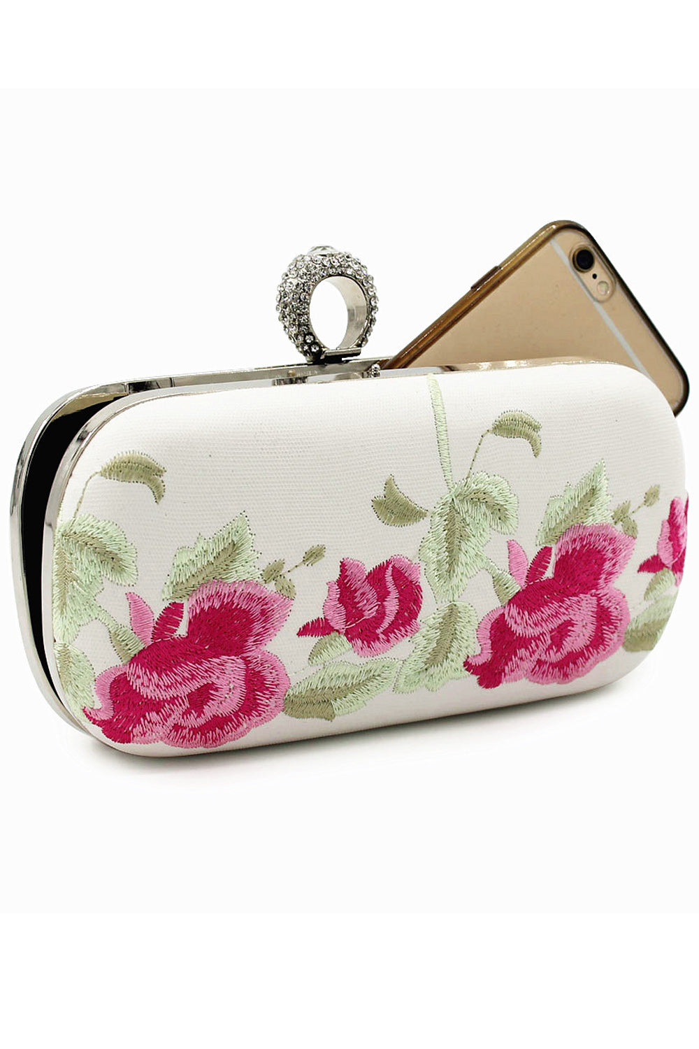 Women Flower Embroidered Ring Hook Clutch