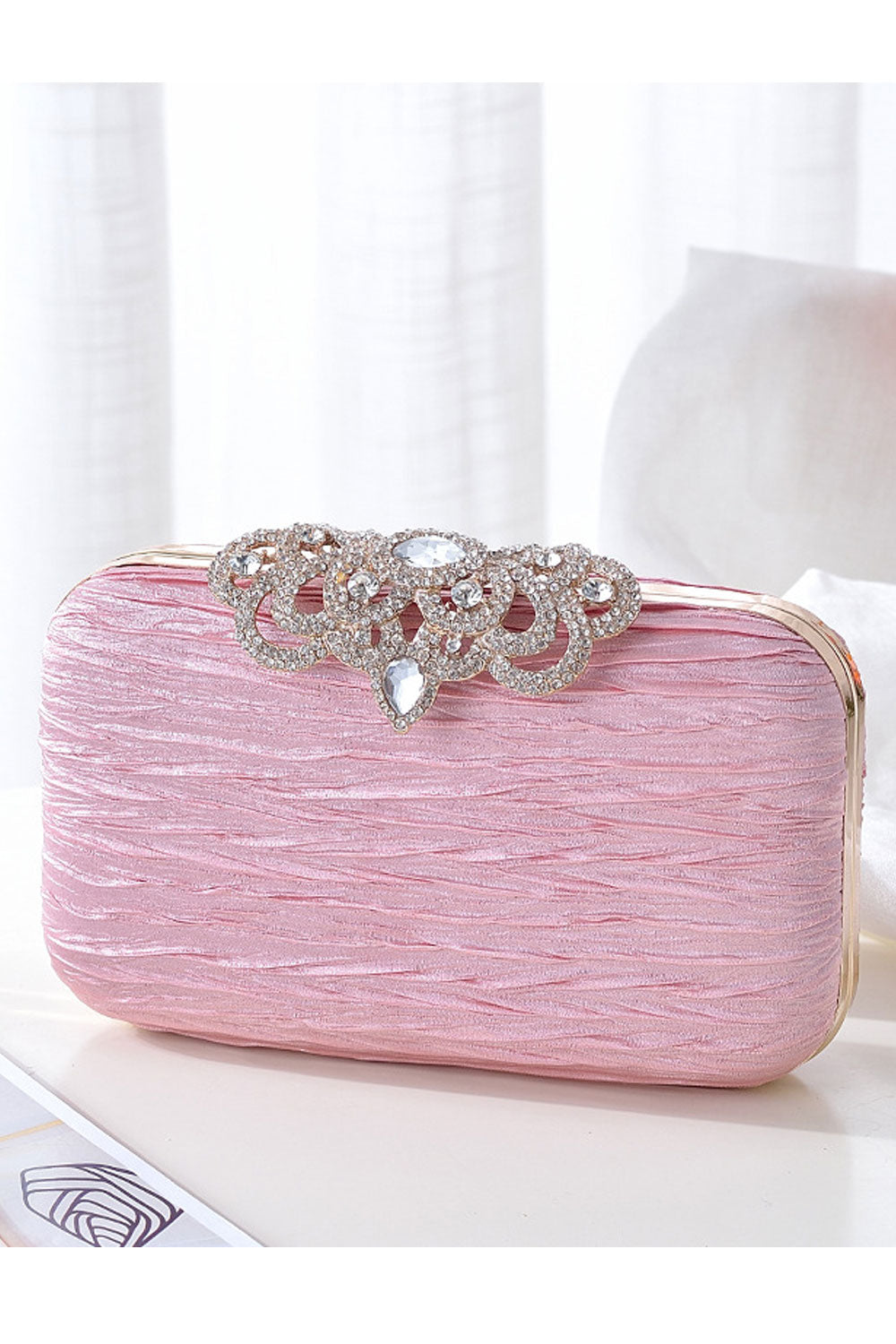 Women Pleated Pattern Rhinestone Hook Clutch