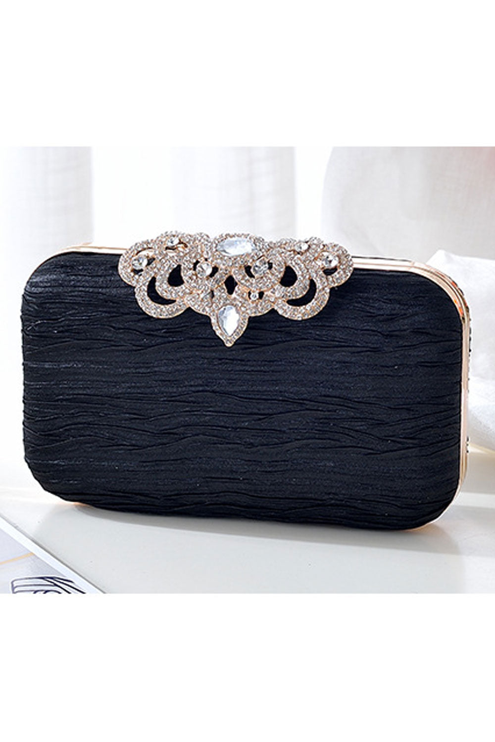 Women Pleated Pattern Rhinestone Hook Clutch