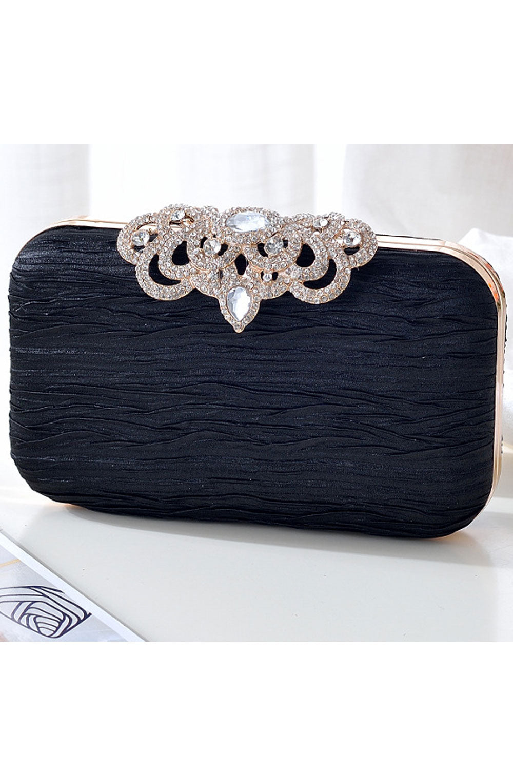 Women Pleated Pattern Rhinestone Hook Clutch