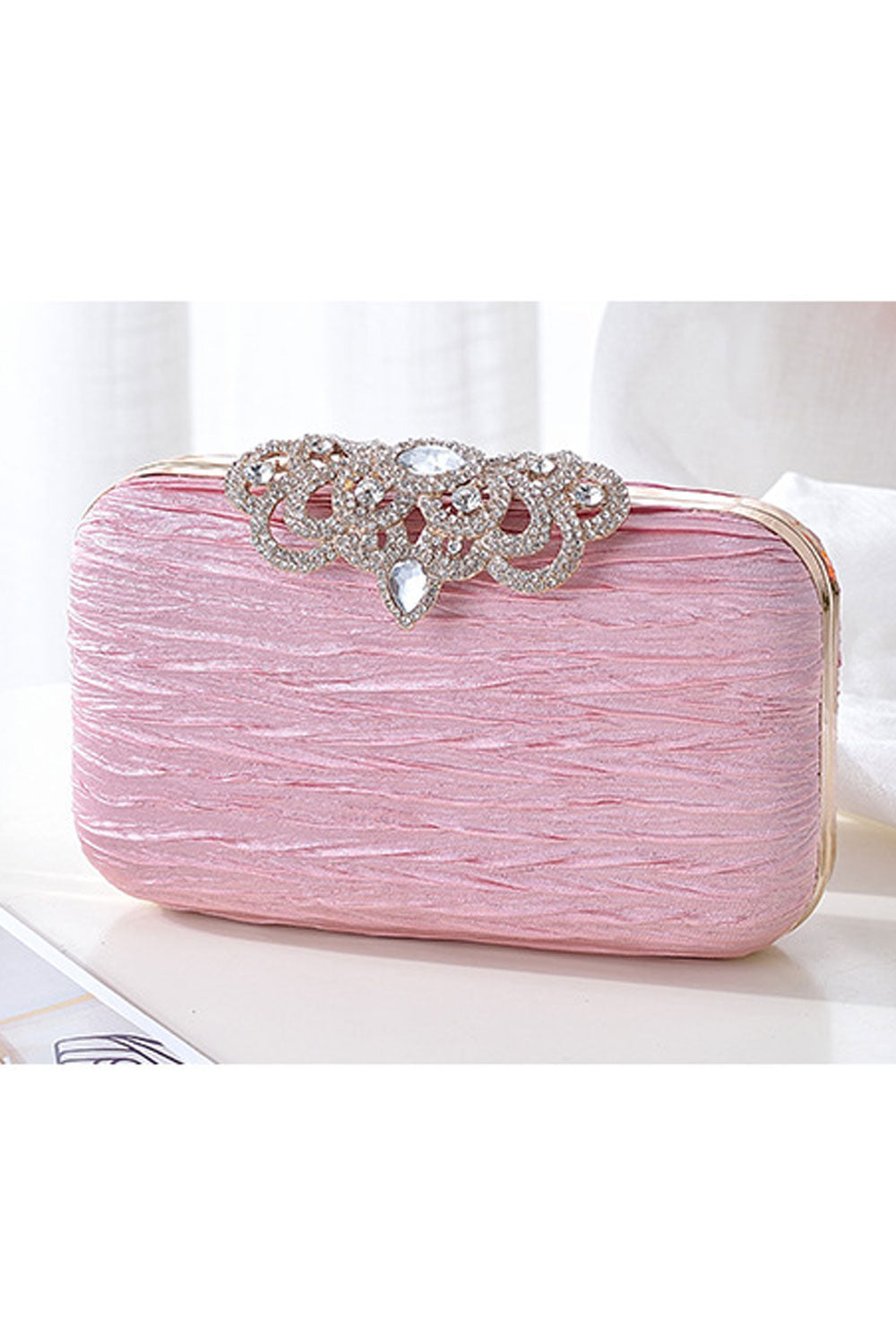 Women Pleated Pattern Rhinestone Hook Clutch
