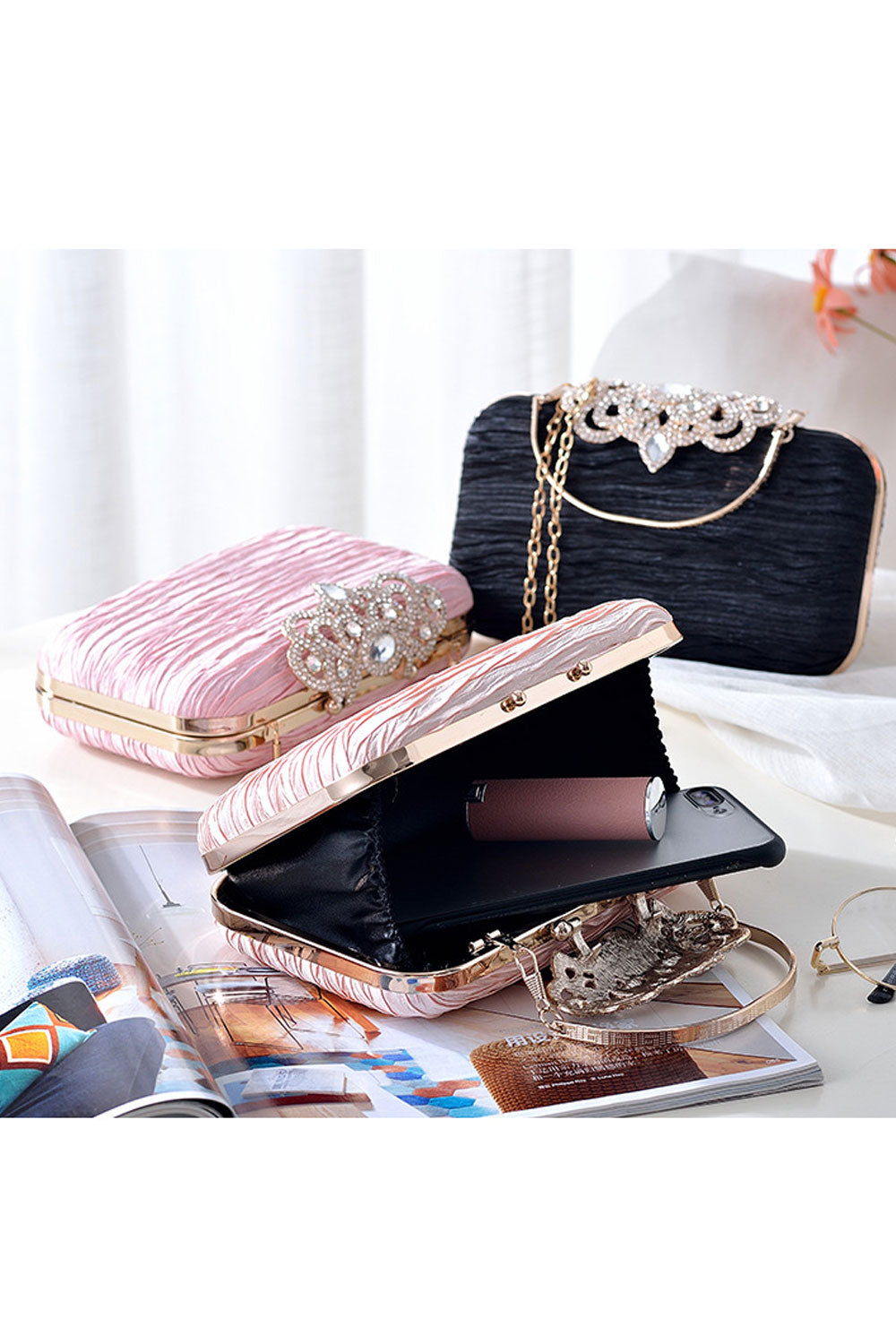 Women Pleated Pattern Rhinestone Hook Clutch
