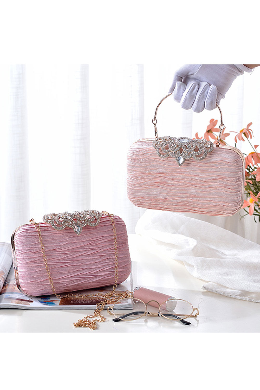 Women Pleated Pattern Rhinestone Hook Clutch