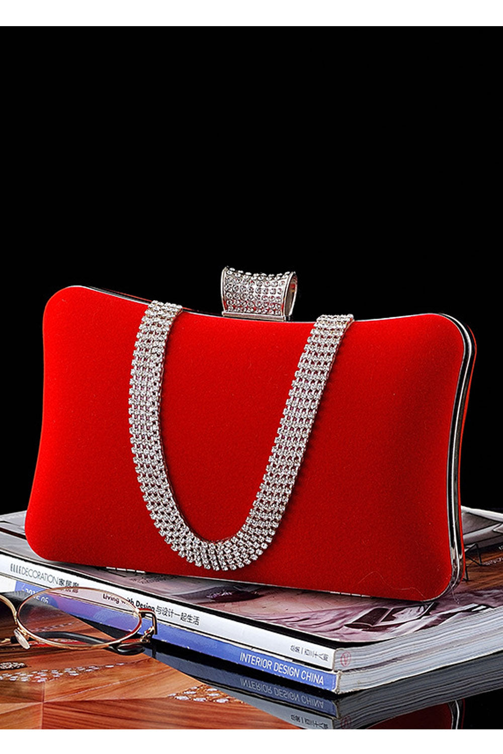 Women Stylish Solid Color Rhinestone Clutch Bag