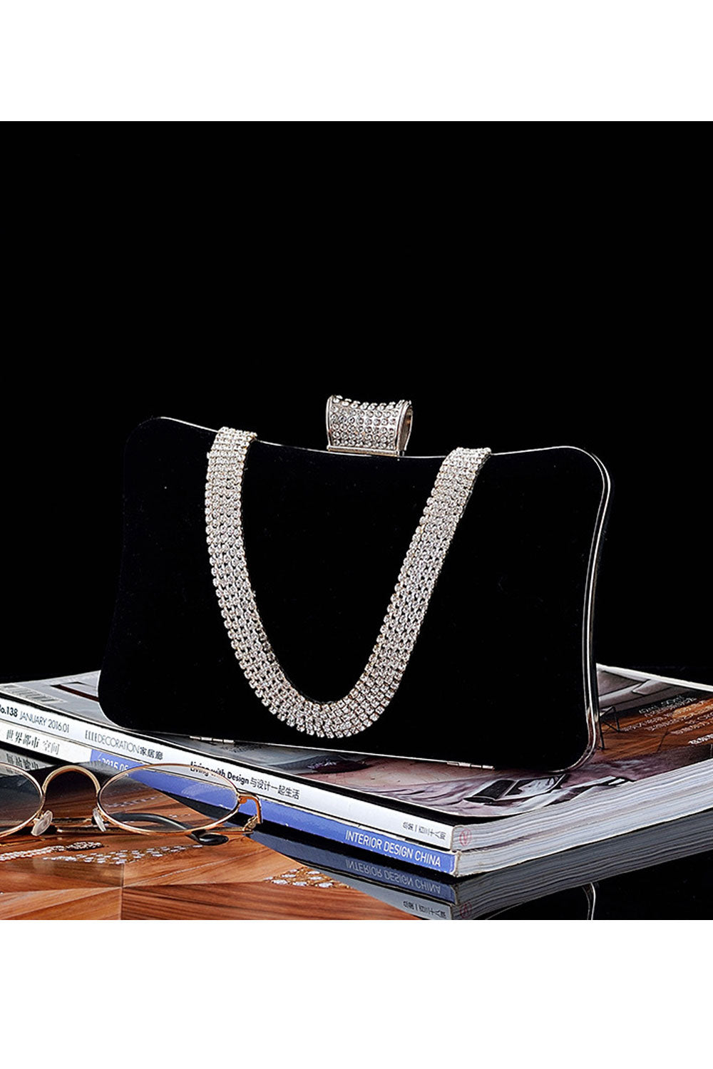 Women Stylish Solid Color Rhinestone Clutch Bag