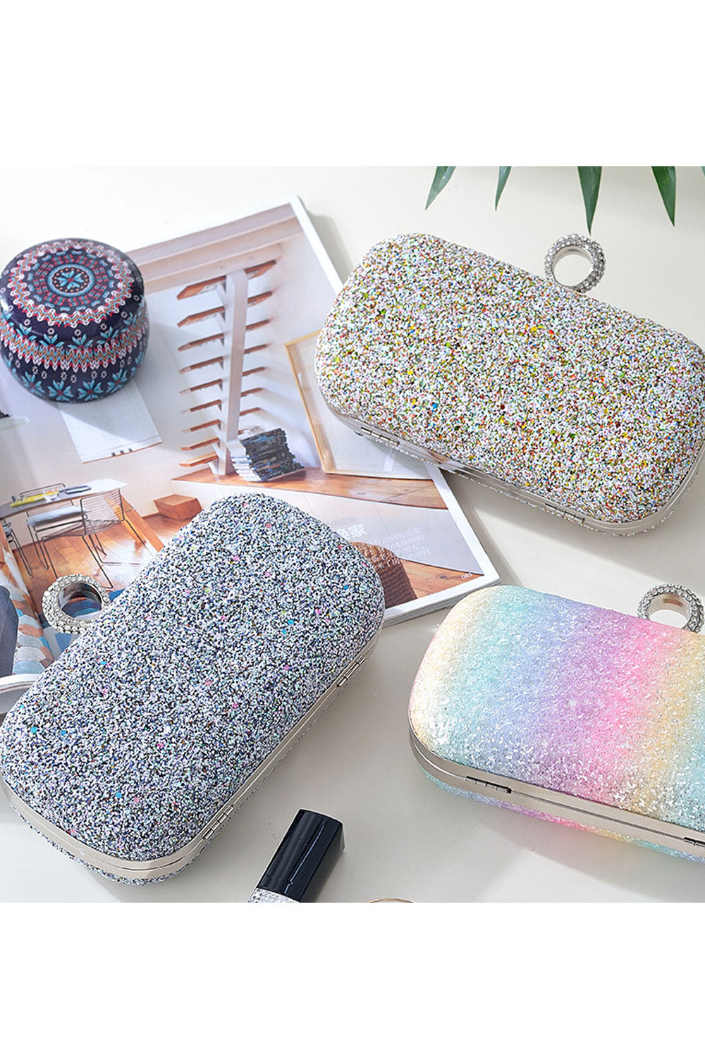 Women Beads Decorated Ring Hook Stylish Clutch