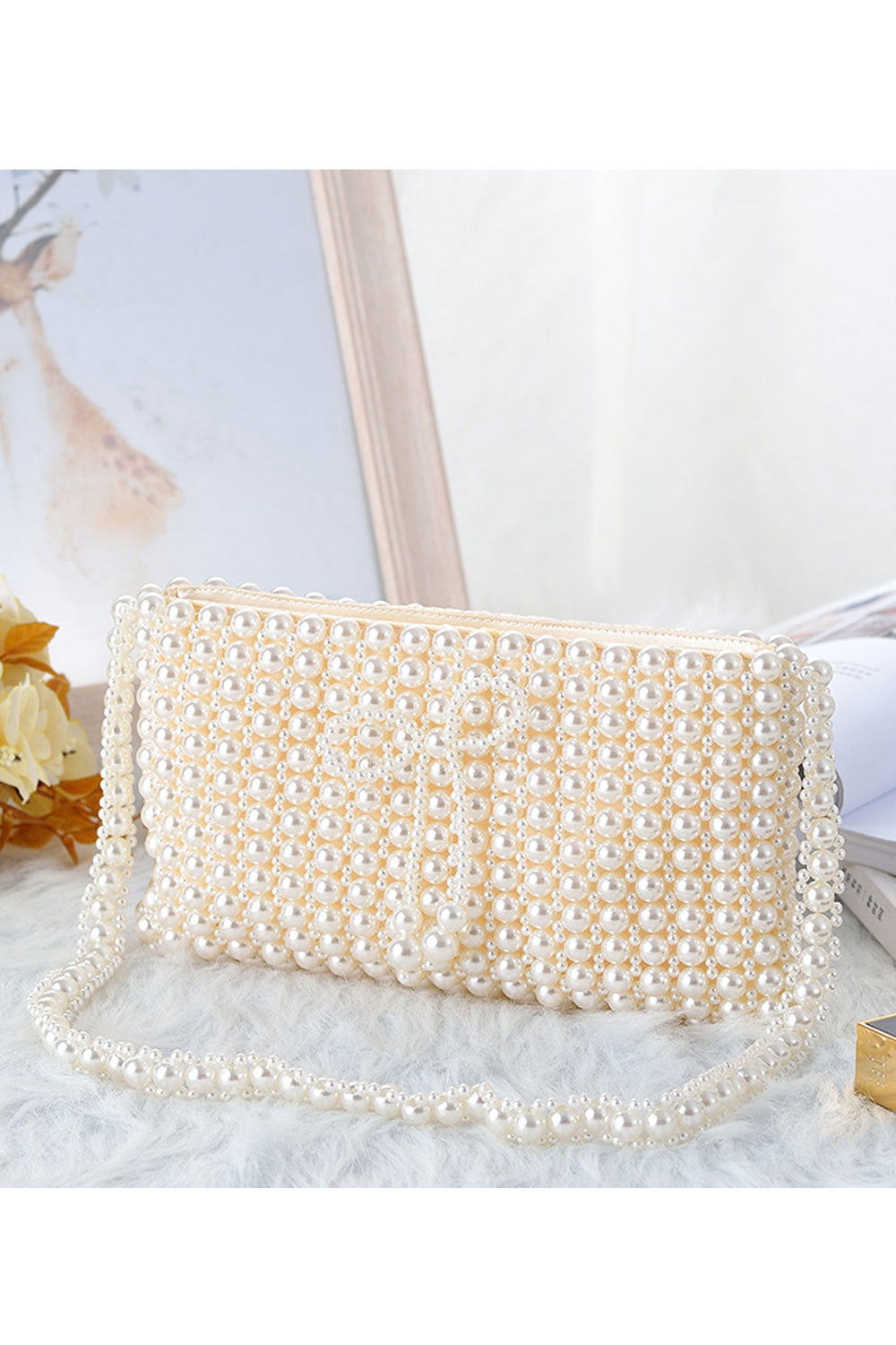 Women Elegant Pearls Decorated Zipper Closure Handbag