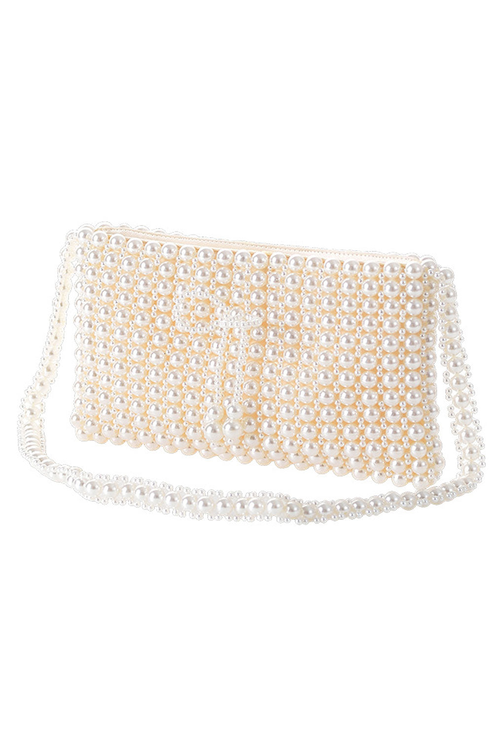 Women Elegant Pearls Decorated Zipper Closure Handbag