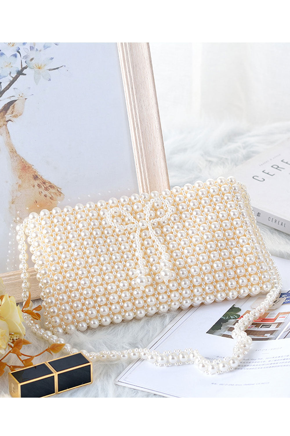 Women Elegant Pearls Decorated Zipper Closure Handbag