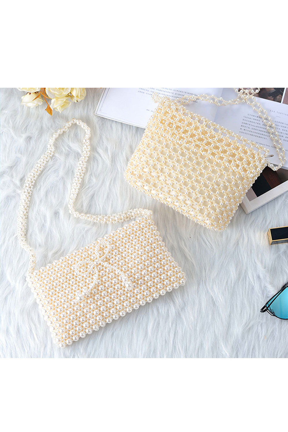 Women Elegant Pearls Decorated Zipper Closure Handbag