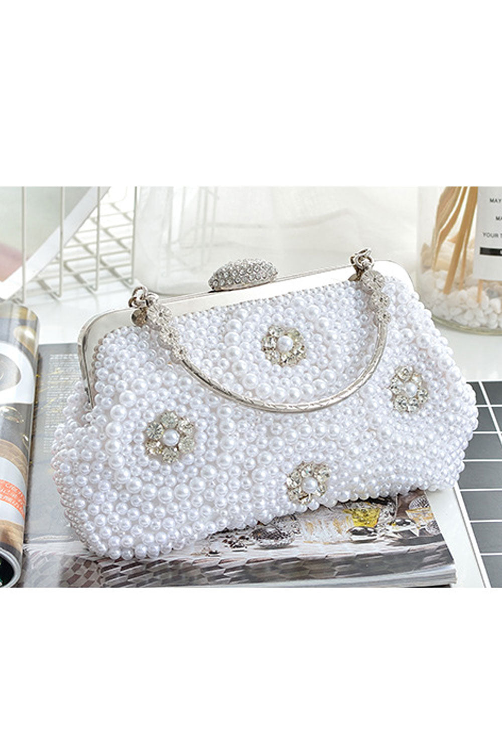Women Pearls Decorated Handle Clutch Bag