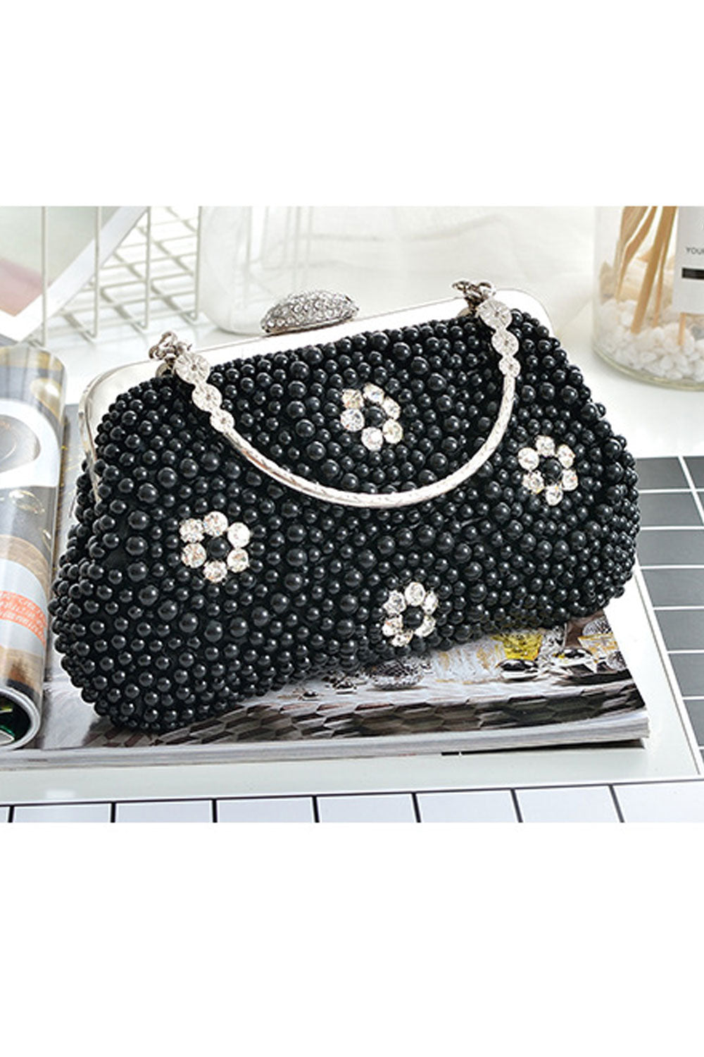 Women Pearls Decorated Handle Clutch Bag