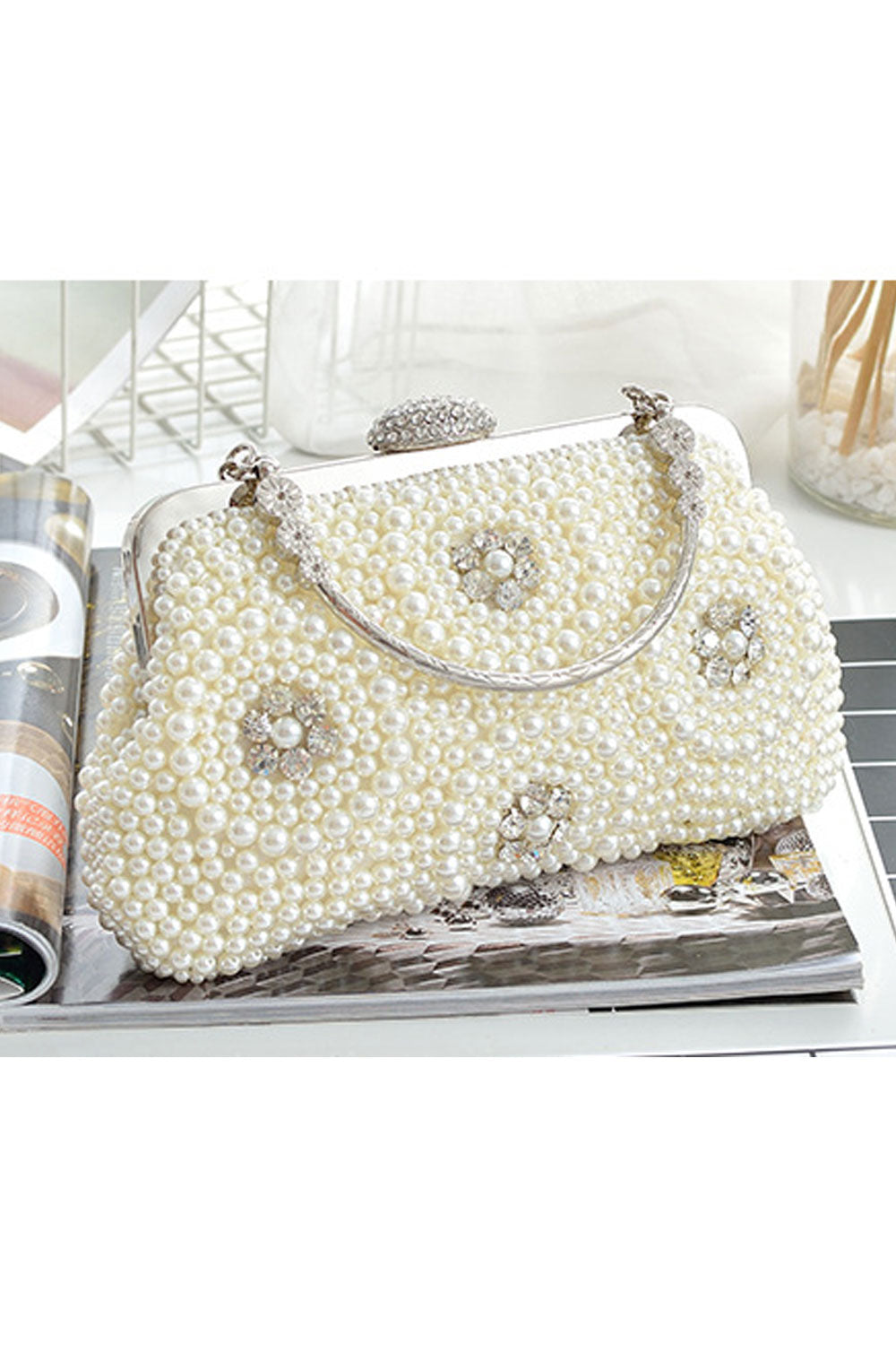 Women Pearls Decorated Handle Clutch Bag