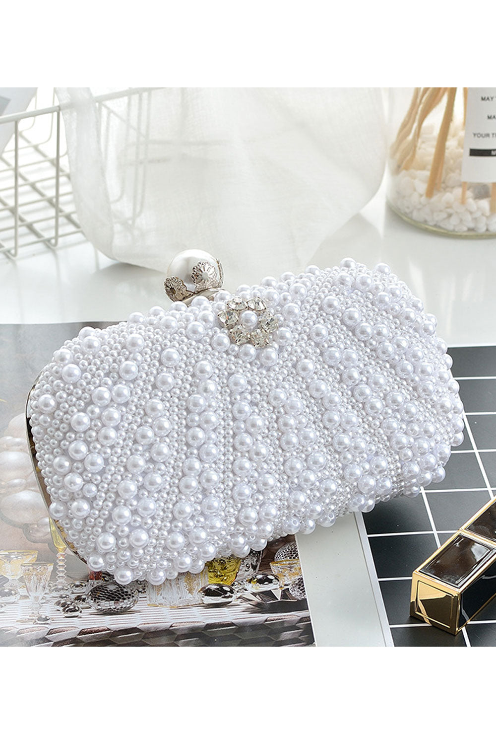 Women Fascinating Pearls Decorated Party Clutch