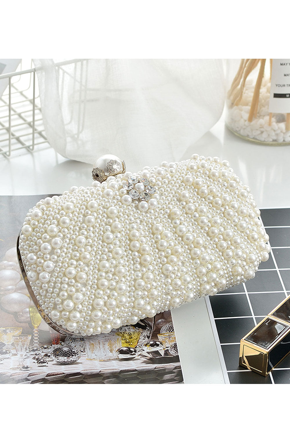 Women Fascinating Pearls Decorated Party Clutch